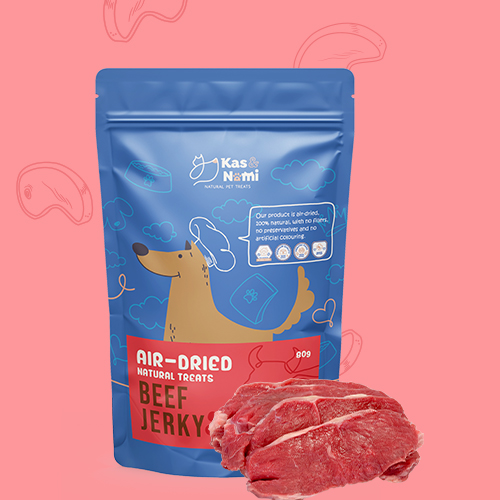 KasNomi's beef jerky for dogs provides a flavorful, high-fat treat, ideal for energetic and active puppies.