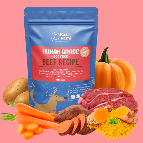 KasNomi Human Grade Beef Recipe featuring premium beef brisket, liver, and wholesome vegetables for healthy and happy dogs.